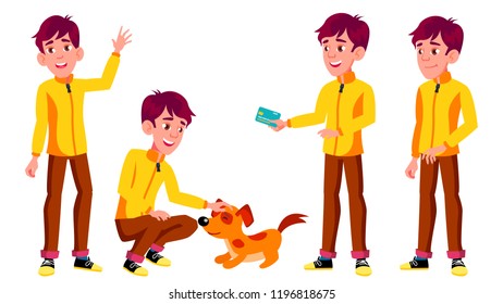 Teen Boy Poses Set Vector. Pet, Dog. Emotional, Pose. For Advertising, Placard, Print Design. Isolated Cartoon Illustration