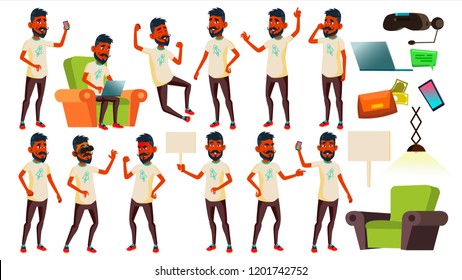 Teen Boy Poses Set Vector. Indian, Hindu. Asian. Friendly, Cheer. For Banner, Flyer, Brochure Design. Isolated Cartoon Illustration
