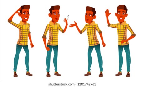 Teen Boy Poses Set Vector. Indian, Hindu. Asian. Cute, Comic. Joy. For Postcard, Announcement, Cover Design. Isolated Cartoon Illustration
