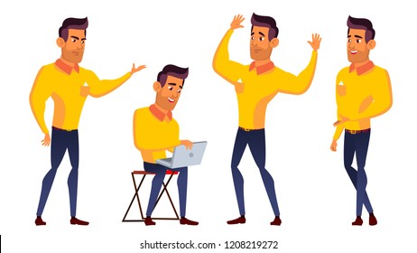 Teen Boy Poses Set Vector. Arab, Muslim. Leisure, Smile.  For Web, Brochure, Poster Design. Isolated Cartoon Illustration
