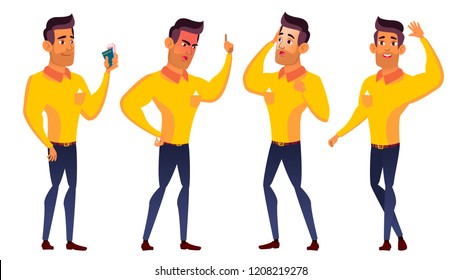 Teen Boy Poses Set Vector. Arab, Muslim. Funny, Friendship. For Advertisement, Greeting, Announcement Design. Isolated Cartoon Illustration
