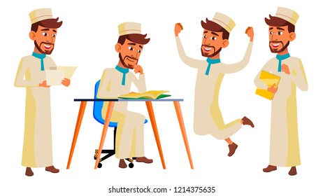 Teen Boy Poses Set Vector. Arab, Muslim. Positive Person. For Postcard, Cover, Placard Design. Isolated Cartoon Illustration
