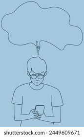 Teen boy read from smartphone screen line art style.