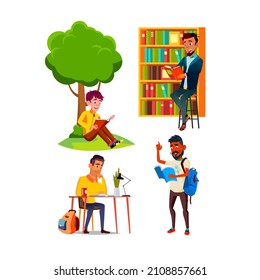 teen boy reading book set school study. read kid. student male. happy teenager. home person. youth education. learn homework people vector illustration people vector illustration
