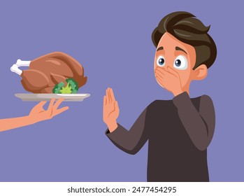 
Teen Boy Refusing a Full Healthy Meal Vector Cartoon illustration. Teenager saying no to a homemade meal because he is vegan
