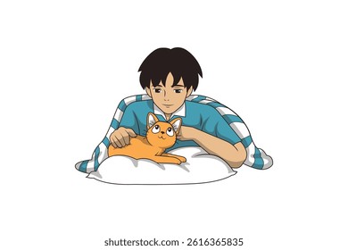 Teen Boy Relaxing Under Blanket with His Cat on a Pillow Cartoon Style Vector Illustration