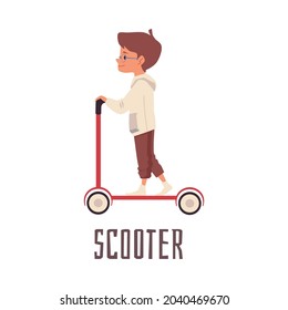 Teen boy rides a scooter. A child on electric scooter. Outdoor sport activity. Vector illustration isolated on a white background.