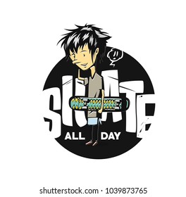 Teen boy riding on skateboard, Flat style character vector illustration 