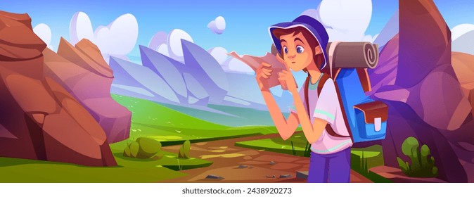 Teen boy scout with backpack looking at paper map while standing on valley surrounded by big rocks. Cartoon vector illustration of young male tourist travel in mountains. Hiker on summer camp vacation