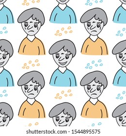 Teen boy seamless pattern vector background, fabric fashion design, face man cartoon