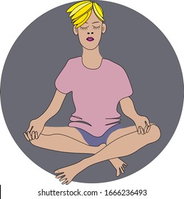 
Teen boy sits meditating. Sits with his eyes closed. Pink T-shirt. blue underpants. Beautiful fair hair. Against the background of a gray circle Yoga classes.