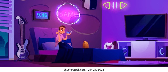 Teen boy sits on bed holding sci-fi magic cube in hands in purple neon bedroom with gaming console controller on shelf, electric guitar, wall clock and tv. Modern youth room with vibrant lighting.