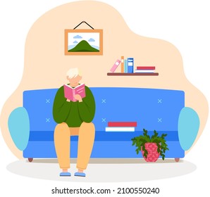 Teen boy sitting on couch and reading book, child spending weekend at home and relaxing, rest at home with textbook, prepares homework for school. Leisure, pastime at apartment, student, teenager