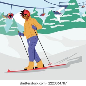 Teen Boy Skiing at Mountain Resort. Child Wearing Warm Sportive Costume, Helmet and Goggles Going Downhill by Ski Piste. Winter Sports, Outdoors Leisure, Active Spare Time. Cartoon Vector Illustration