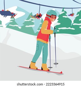 Niño Esquiando en la estación de montaña con Ropeway. Vestido infantil con vestuario deportivo, casco y gafas cuesta abajo por esquí. Deportes De Invierno, Ocio Al Aire Libre, Tiempo Activo De Repuesto. Ilustración del vector de dibujos animados