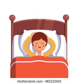 Teen Boy Sleeping Peacefully Smiling In Her Bed. Flat Style Modern Vector Illustration Isolated On White Background.