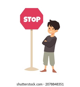 Teen boy standing near traffic stop sign, flat cartoon vector illustration isolated on white background. Safety rules and road signs meaning for children.