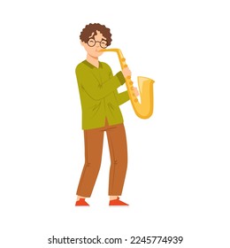 Teen Boy Standing and Playing Saxophone Performing on Stage Vector Illustration