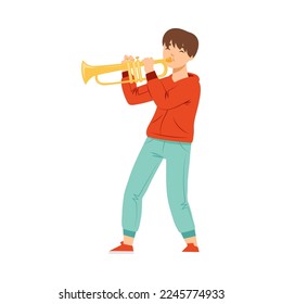 Teen Boy Standing and Playing Trumpet Performing on Stage Vector Illustration