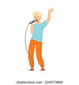 Teen Boy Standing and Singing with Microphone Performing on Stage Vector Illustration