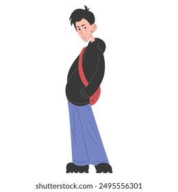 Teen boy standing vector isolated. Young person with black hair, teenager in black sweatshirt and blue jeans. Male character. Urban style.