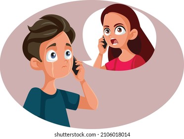 

Teen Boy Talking with his Girlfriend Crying Over the Phone. Teenage relationship ending over phone-call 
