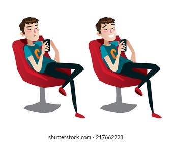 teen boy texting with cell phone sit in chair cartoon isolated vector illustration full body