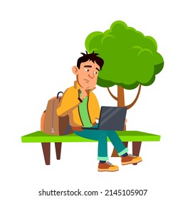 Teen Boy Thinking About Connection Problem Vector. Asian Teenager Guy Sitting On Park Bench And Thinking For Solve Task On Laptop Electronic Device. Character Flat Cartoon Illustration