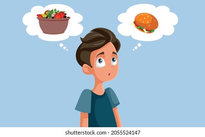 Teen Boy Thinking What to Eat Vector Cartoon. Teenager choosing between a healthy and a junk food meal option 
