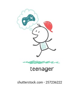 Teen boy thinks about joystick illustration