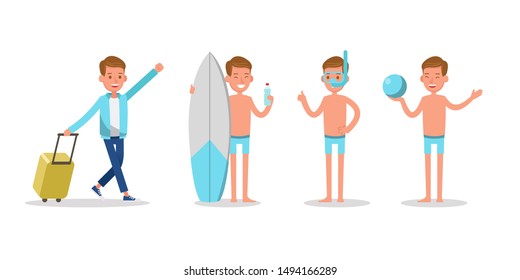 teen boy travel on the beach, playing sport and activity character vector design.