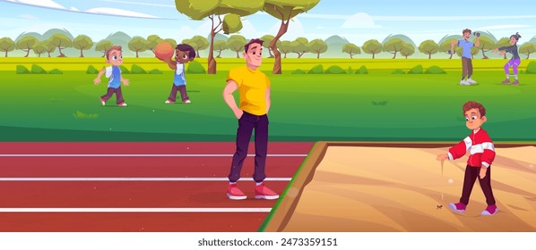 Teen boy tries to kick ant out of sand pit for long jump while trainer or father stands nearby in public park or stadium. Cartoon vector sport activity and insect care concept on summer day.