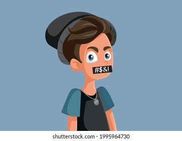 Teen Boy Using Foul Language and Swear Words Vector Illustration. Rebel adolescent misbehaving using a bad obscene speech being uneducated and defiant of good manners
