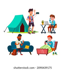 teen boy using smartphone set, happy chat. social person. smart media. gadget technology. addict human. vector flat cartoon illustration