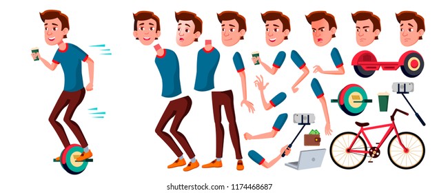 Teen Boy Vector. Animation Creation Set. Face Emotions, Gestures. Face. Children. Animated. For Advertising, Booklet, Placard Design. Isolated Cartoon Illustration
