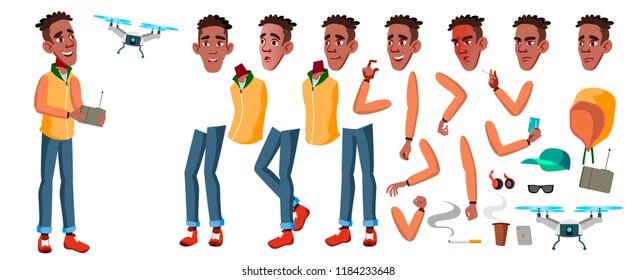 Teen Boy Vector. Animation Creation Set. Black. Afro American. Face Emotions, Gestures. Adult People. Casual. Animated. For Presentation, Print, Invitation Design. Isolated Cartoon Illustration