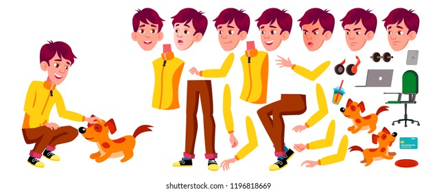 Teen Boy Vector. Animation Creation Set. Face Emotions, Gestures. Active, Expression. Animated. For Banner, Flyer, Brochure Design. Isolated Cartoon Illustration
