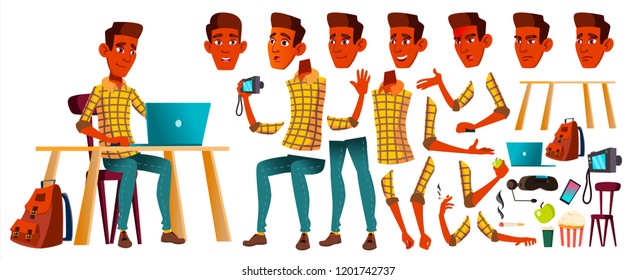 Teen Boy Vector. Animation Creation Set. Indian, Hindu. Asian. Face Emotions, Gestures. Leisure, Smile. Animated. For Web, Poster, Booklet Design. Isolated Cartoon Illustration
