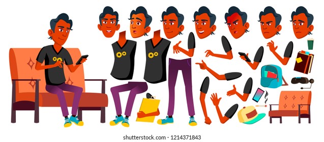 Teen Boy Vector. Animation Creation Set. Face Emotions, Gestures. Indian, Hindu. Asian. Friends, Life. Animated. For Advertisement, Greeting, Announcement Design. Isolated Cartoon Illustration