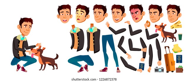 Teen Boy Vector. Animation Creation Set. Face Emotions, Gestures. Beauty, Lifestyle. Animated. For Web, Brochure, Poster Design. Isolated Cartoon Illustration