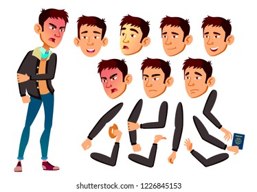 Teen Boy Vector. Asian Teenager. Active, Expression. Face Emotions, Various Gestures. Animation Creation Set. Isolated Flat Cartoon Character Illustration