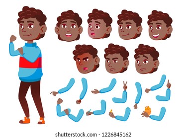 Teen Boy Vector. Black. Afro American. Teenager. Caucasian, Positive. Face Emotions, Various Gestures. Animation Creation Set. Isolated Flat Cartoon Character Illustration