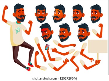 Teen Boy Vector. Indian, Hindu. Asian. Teenager. Beauty, Lifestyle. Face Emotions, Various Gestures. Animation Creation Set. Isolated Flat Cartoon Character Illustration
