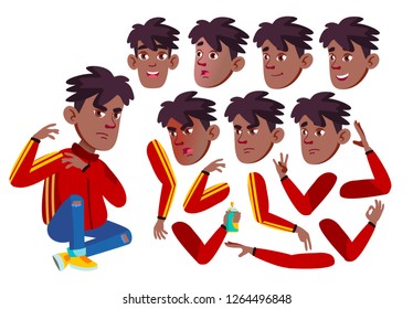 Teen Boy Vector. Rap Battle Singer Teenager. Black. Afro American. Friendly, Cheer. Face Emotions, Various Gestures. Animation Creation Set. Isolated Flat Cartoon Character Illustration
