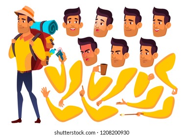 Teen Boy Vector. Teenager. Arab, Muslim. Friends, Life. Face Emotions, Various Gestures. Animation Creation Set. Isolated Flat Cartoon Character Illustration
