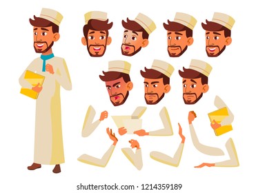 Teen Boy Vector. Teenager. Arab, Muslim. Activity, Beautiful. Face Emotions, Various Gestures. Animation Creation Set. Isolated Flat Cartoon Character Illustration
