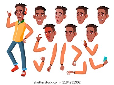 Teen Boy Vector. Teenager. Black. Afro American. Adult People. Casual. Face Emotions, Various Gestures. Animation Creation Set. Isolated Flat Cartoon Character Illustration