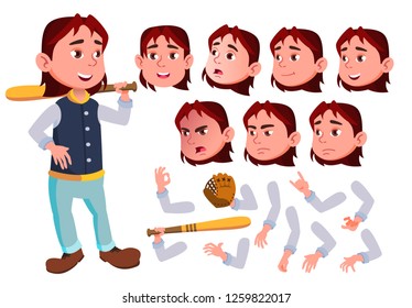 Teen Boy Vector. Teenager. Cute, Comic. Joy. Face Emotions, Various Gestures. Baseball Sport Player. Animation Creation Set. Isolated Flat Cartoon Character Illustration
