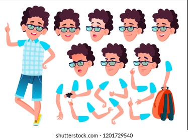 Teen Boy Vector. Teenager. Emotional, Pose.  Face Emotions, Various Gestures. Animation Creation Set. Isolated Flat Cartoon Character Illustration