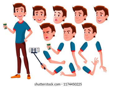 Teen Boy Vector. Teenager. Face. Children. Face Emotions, Various Gestures. Animation Creation Set. Isolated Flat Cartoon Character Illustration
